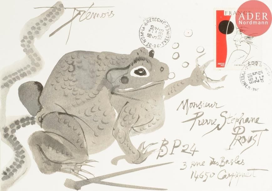 Pierre-Yves TREMOIS (né en 1921)
Crapaud
Encre sur enveloppe avec timbre oblitéré d'après l'artiste.
Signée et adressée.
Joint: lettre autographe signée.
16 x 23 cm
- Bibliographie : 
Psp1, p. 113
