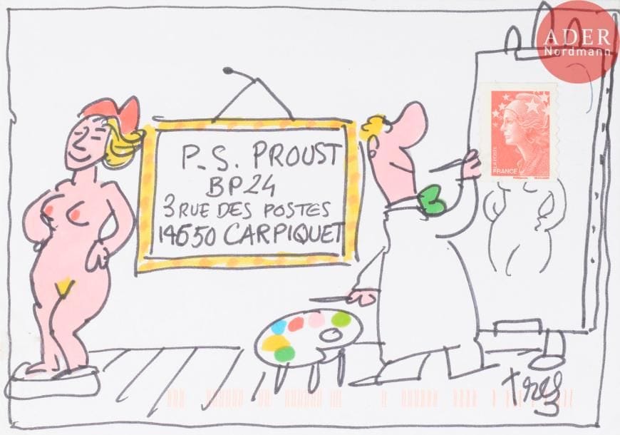 TREZ (Alain Tredez dit) (né en 1929)
Le peintre
Aquarelle et encre sur enveloppe.
Signée et adressée.
Joint: lettre tapuscrite et dessinée signée, 2 cartes autographes signées.
11 x 16 cm
- Bibliographie : 
Psp2, p. 157