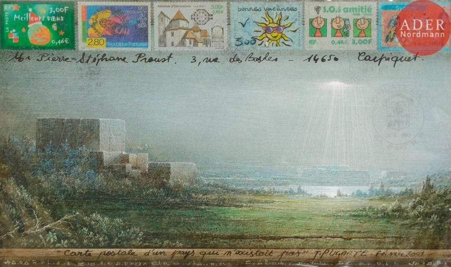 Jean-Pierre UGARTE (né en 1950)
Carte postale d'un pays qui n'existait pas, 2001
Gouache sur carton.
Signée, titrée et datée en pied.
Adressée.
On y joint une carte de vœux autographe.
14.5 x 25 cm
- Bibliographie : 
PSP2, p. 59
