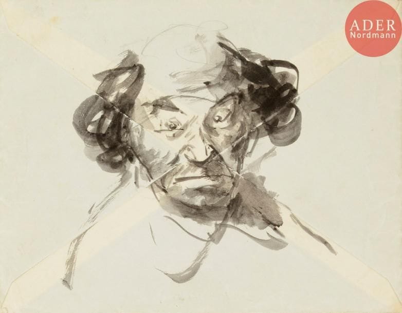 Théodore VAN ELSEN (1896-1961)
Tête d'homme (autoportrait?)
Encre au dos d'une enveloppe.
Adressée.
Joint: 3 lettres dessinées autographes. (3p).
11 x 14.5 cm