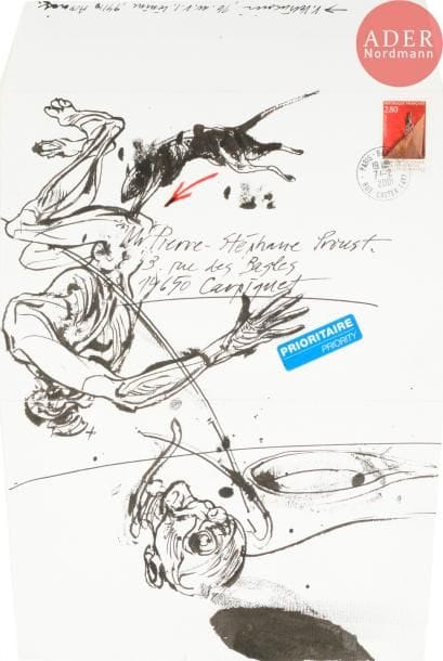 Vladimir VELICKOVIC [serbe] (né en 1935)
Personnage, tête et animal
Encre sur enveloppe avec timbre d'après l'artiste.
Adressée et expédiée.
34.5 x 23 cm