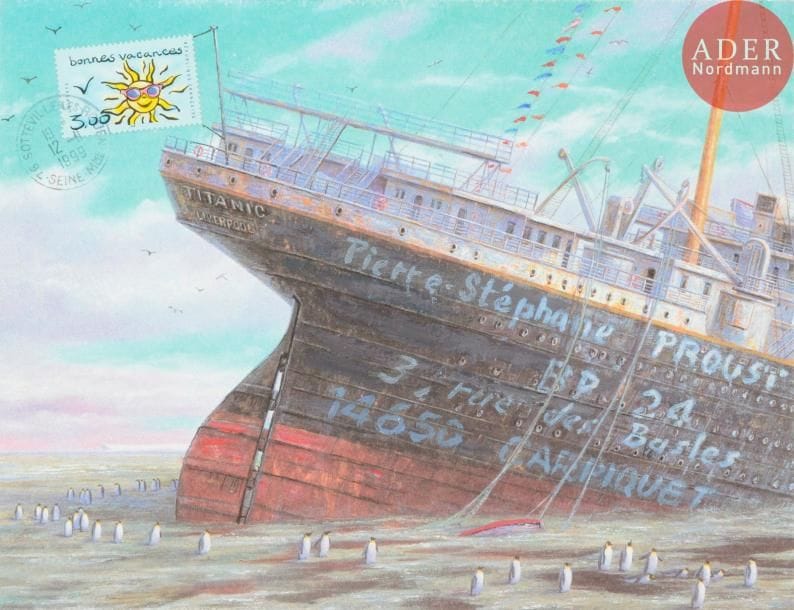 Dominique VERVISCH (né en 1953)
Le Titanic au Mont Saint Michel
Gouache sur fond lithographié sur enveloppe double face.
Adressée. (Défauts au verso).
Joint: carte de vœux signée.
17.5 x 23 cm
- Bibliographie : 
Psp2, p.54