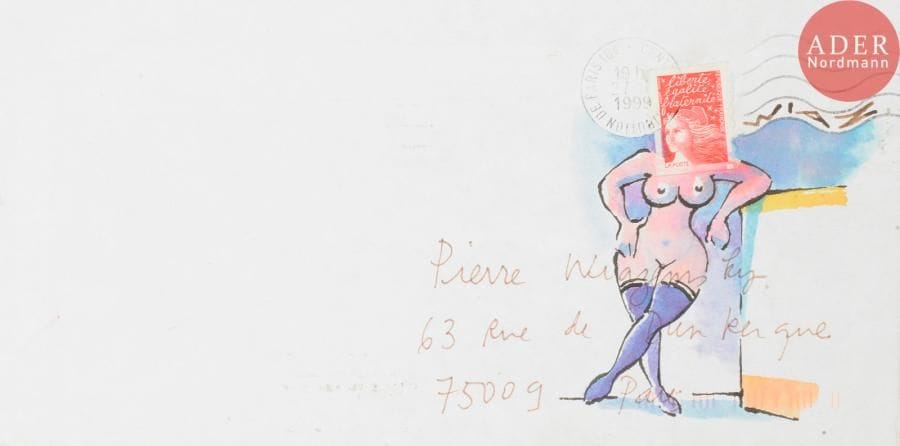 WIAZ (né en 1949)
Nu accoudé, 1999
Aquarelle et encre sur enveloppe.
Signée et adressée.
11 x 22 cm
- Bibliographie : 
Psp1, p. 116