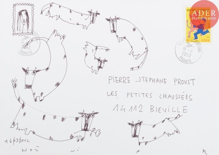 Jacek WOZNIAK (né en 1954)
Les vaches, 2012
Feutre noir sur enveloppe.
Signée, datée et adressée.
16.5 x 23 cm