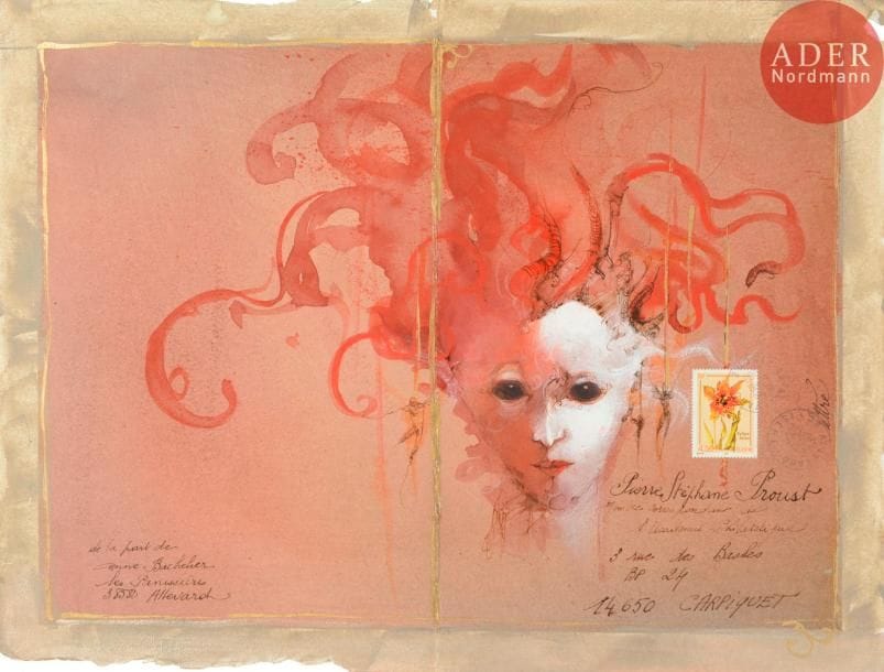 Anne BACHELIER (née en 1949)
Visage fantastique
Aquarelle et technique mixte sur papier cartonné formant enveloppe.
Adressée, expédiée.
Joint: une autre enveloppe dessinée ainsi qu'une lettre dessinée autographe signée.
31 x 41 cm