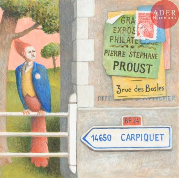 Jean BAILLY (né en 1940)
Homme oiseau
Gouache sur enveloppe.
Adressée.
Joint: une autre enveloppe dessinée, adressée et carte autographe signée.
16.5 x 16.5 cm
- Bibliographie : 
Psp2, p. 146
