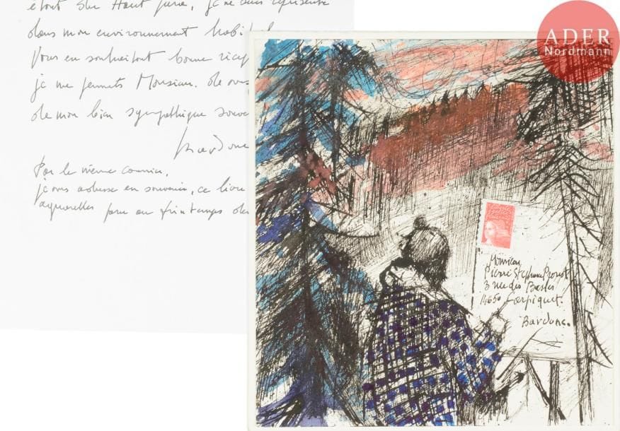 Guy BARDONE (1927-2015)
L'artiste dans le Haut Jura
Aquarelle et encre sur papier contrecollé sur enveloppe.
Adressée.
Joint: lettre autographe signée.
20.5 x 19.5 cm