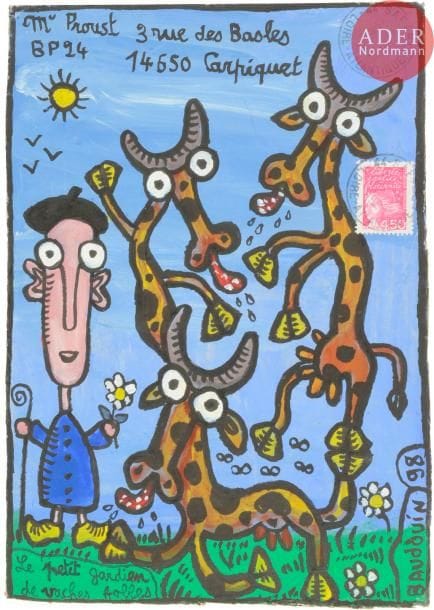 Jean-Paul BAUDOUIN (né en 1946)
Le petit gardien des vaches folles et Déesse dans les menhirs
2 gouaches sur carton.
Signées, adressées, l'une datée 1998.
Joint: lettre dessinée autographe signée.
21 x 15 cm
- Bibliographie : 
Psp2, p. 81