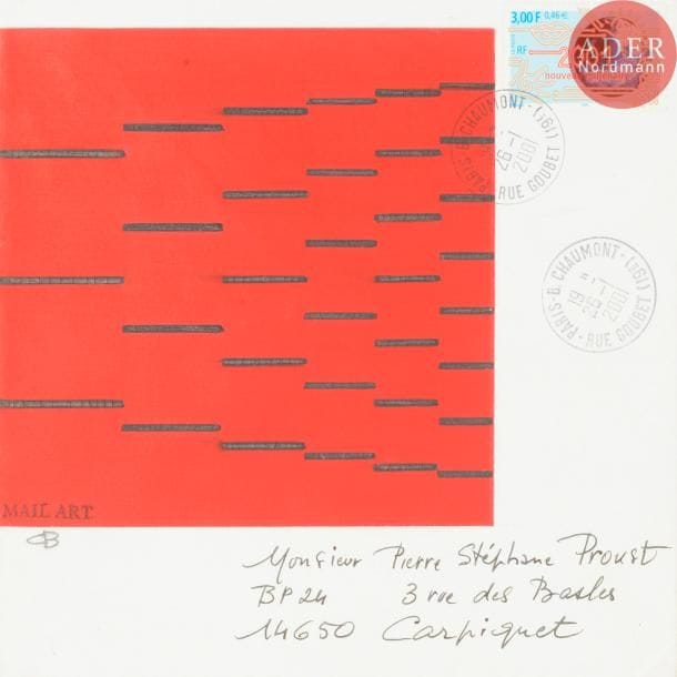 Charles BEZIE (né en 1934)
Mail art d'après la série des suites de Fibonacci
Technique mixte sur enveloppe.
Monogrammée, adressée, tamponnée "Mail art".
Joint: lettre et cartes autographes signées, invitation au vernissage à la Galerie Lahumière en 2006 signée.
16.5 x 16.5 cm
- Bibliographie : 
Psp2, p. 218