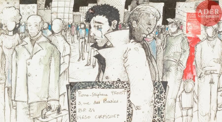 Jean-Baptiste BIZET
L'artiste dans la foule.
Encre et aquarelle sur enveloppe.
Adressée.
12.5 x 23 cm
- Bibliographie : 
Psp2, p. 104