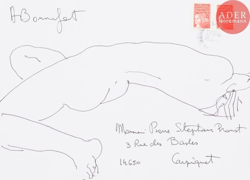 Alain BONNEFOIT (né en 1937)
Nu allongé
Encre noir sur enveloppe.
Signée et adressée.
Joint: 3 lithographies numérotées et signées.
16.5 x 23 cm