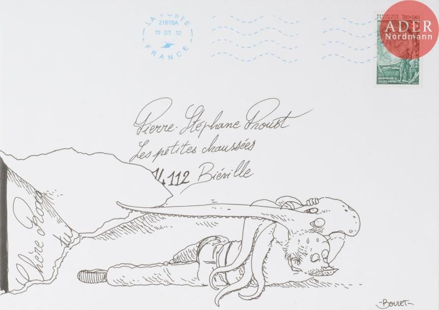 BOULET (Gilles Roussel dit) (né en 1975)
L'homme et la pieuvre, hommage à Jules Verne
Encre de Chine sur enveloppe.
Signée, adressée.
16 x 23 cm