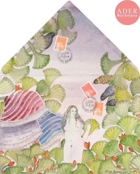 Maya BURMAN (née en 1971)
Nu dans le jardin
Aquarelle et encre sur enveloppe.
Signée, adressée.
 Joint: carte autographe signée.
28 x 23 cm