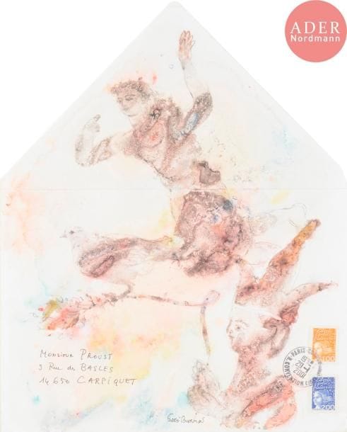 Sakti BURMAN [indien] (né en 1935)
Personnages et oiseau branché
Aquarelle et crayon sur enveloppe.
Signée et adressée.
28.5 x 23 cm
- Bibliographie : 
Psp2, p. 85