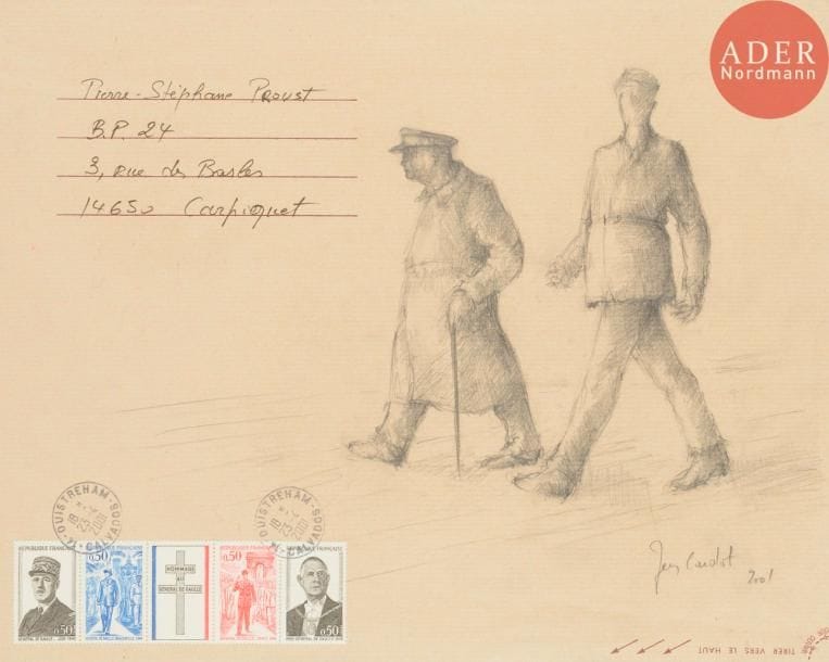 Jean CARDOT (né en 1930)
Winston Churchill et Charles de Gaulle, 2001
Mine de plomb sur enveloppe.
Signée, datée, adressée.
Ces dessins évoquent les deux sculptures monumentales réalisées par l'artiste en 1998 et 2000 pour orner la Place Clémenceau à Paris.
Joint: carte autographe signée.
26 x 33 cm
- Bibliographie : 
Psp2, p. 127