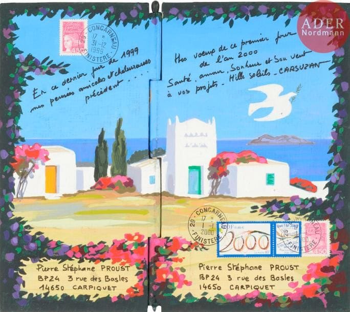 Jean-Claude CARSUZAN (né en 1938)
Villa méditerranéenne, 1999-2000
Gouache sur 2 panneaux assemblés, l'un oblitéré du 31/12/1999 et l'autre du 01/01/2000.
Signée, datée, annotée, adressée.
22 x 25 cm