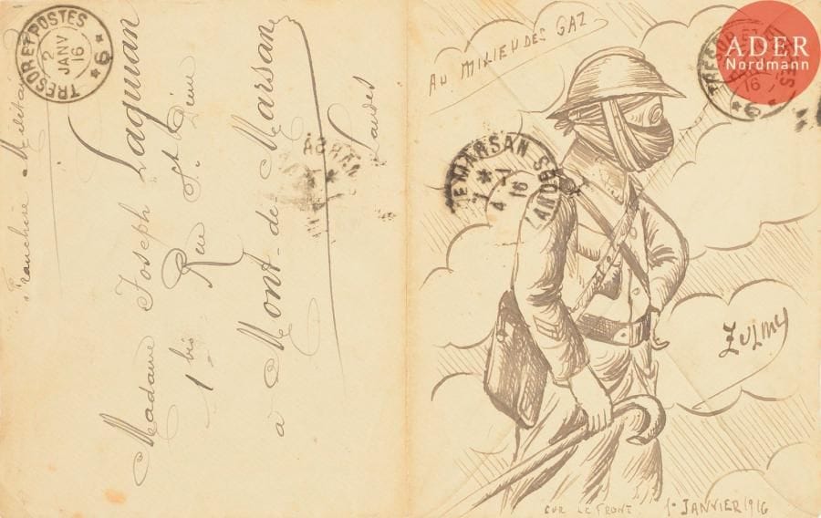 ECOLE FRANCAISE 1916
Au milieu des gaz
Encre sur enveloppe.
Datée, située "sur le Front" et adressée.
19 x 12 cm
