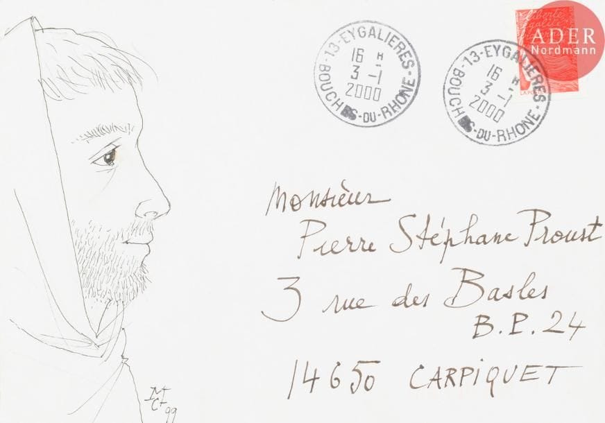 Michel CIRY (né en 1919)
Saint François, 1999
Encre et traits de crayon sur enveloppe.
Monogrammée, datée et adressée.
Joint: lettre autographe signée.
11.5 x 16 cm
- Bibliographie : 
Psp1, p. 144.