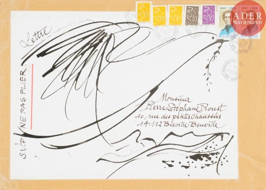 Roger DRUET (né en 1927)
Colombe de la paix
Encre de Chine sur papier contrecollé sur enveloppe.
Adressée.
Joint: 2 dessins calligraphiés sur enveloppe dont l'une avec timbre d'après l'artiste, lettre autographe signée, explicative de la conception du timbre "Amnesty international" avec timbre non oblitéré d'après l'artiste,  et timbre seul  non oblitéré d'après l'artiste.
23 x 32.5 cm