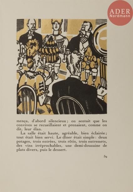 [LABOUREUR (Jean-Émile)] - VILLIERS DE L’ISLE-ADAM (Auguste de).
Trois contes cruels.
Paris : Aux dépens de la Société de la gravure sur bois originale, 1927. — In-8, 240 x 159 : 45 pp., (3 ff. 2 derniers blancs), couverture imprimée. En feuilles, couverture rempliée.

Sylvain Laboureur, Catalogue complet de l’œuvre de Jean-Émile Laboureur, II, pp. 335 à 338, n° 748.
Édition imprimée aux dépens de la Société de la Gravure sur Bois Originale, illustrée de 9 compositions dans le texte, dessinées et gravées sur bois par Jean-Émile LABOUREUR (1877-1943), avec rehauts d’or ou d’argent.
Tirage limité à 160 exemplaires sur papier vergé ; celui-ci étant l’un de ceux hors commerce, justifiés H.C. à la main en rouge.
Bords et dos de la couverture insolés. Le faux titre comporte un envoi à monsieur René Lange. L’auteur de cette dédicace n’a pas été identifié.