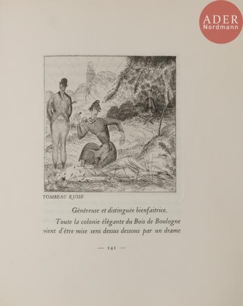 [LABOUREUR (Jean-Émile)] - BEAUBOURG (Maurice).
La Saison au bois de Boulogne.
Paris : André Delpeuch, 1928. — In-8, 242 x 185 : 148 pp., (2 ff.), couverture imprimée. Broché, couverture rempliée.


Première édition illustrée, imprimée à 320 exemplaires, ornée de 16 eaux-fortes originales de Jean-Émile LABOUREUR (1877-1943).
Un des 275 exemplaires sur papier vélin de Rives, très bien conservé malgré une rousseur sur le dos.