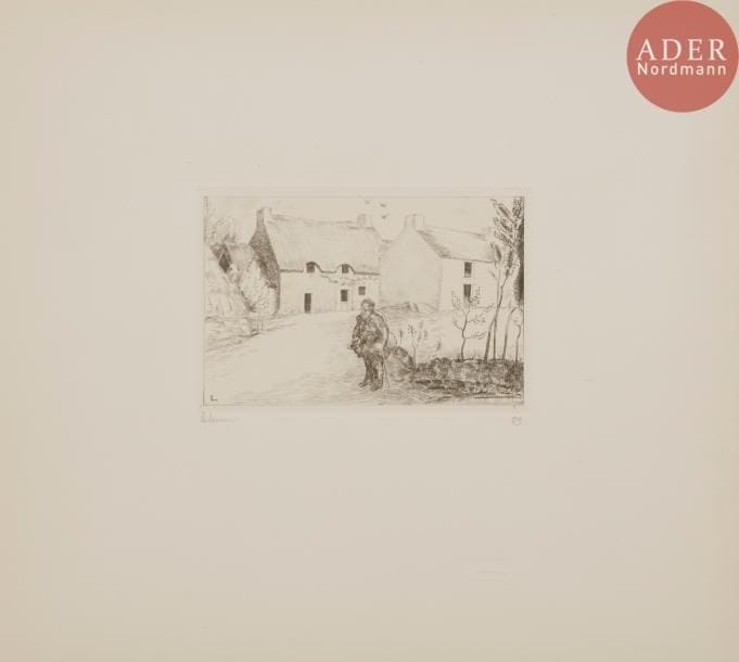 LABOUREUR (Jean-Émile).
Cahier de six paysages.
Paris, 1929. — Album in-4 oblong, 276 x 307 : (2 ff.), 6 planches, couverture imprimée. En feuilles, sous chemise à rabats de l’éditeur.

Bel et rare album  comprenant 6 planches dessinées et gravées à l’eau-forte par Jean-Émile LABOUREUR (1877-1943), respectivement intitulées : Paysage à la fermière - Paysage au mendiant - La chaumière au bord de la mer - Le puits du village - La route dans les sapins - La maison du forgeron.
Tirage à 150 exemplaires numérotés et signés par l’artiste. Celui-ci est l’un des 120 sur vélin Van Gelder. Chaque planche, en 3e état, a été numérotée et signée au crayon par Laboureur.
Exemplaire enrichi d’un burin original de l’artiste représentant un paysage rural avec deux personnages.
Toile du dos de la chemise usée par endroits. Réparation à l’intérieur de la chemise. Couverture légèrement brunie. Les planches sont parfaitement conservées.