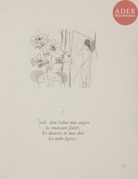 [LABOUREUR (Jean-Émile)] - TOULET (Paul-Jean).
Les Contrerimes.
Paris : H. M. Petiet, 1930. —  In-4, 308 x 237 : 145 pp., (3 ff. 2 derniers blancs), couverture imprimée. En feuilles, couverture rempliée, chemise à lacets et étui d’édition.

Sylvain Laboureur, Catalogue complet de l’œuvre de Jean-Émile Laboureur, II, pp. 175 à 190, n° 404.
Édition tirée à 301 exemplaires imprimés sur vélin d’Arches, « numérotés et signés par l’artiste », du titre qui rendit célèbre Paul-Jean Toulet (1867-1920).
L’édition, imprimée avec élégance par Jean-Gabriel Daragnès qui assura la mise en page et la gravure des lettrines, est illustrée de 62 gravures au burin de Jean-Émile LABOUREUR (1877-1943). H.M. Petiet démontra en publiant cet ouvrage ses grandes qualités bibliophiliques, comme le rappellera Hervé Dufresne dans son introduction au catalogue de la vente de la bibliothèque Henri-Marie Petiet qui se déroula le 5 juin 2003 : « Cette recherche de la qualité s’exprime pleinement lorsqu’il édita en 1930 les Contrerimes de P.-J. Toulet, avec des gravures au burin de Laboureur, imprimé par Daragnès, l’un des plus beaux livres illustrés du XXe siècle ».
Exemplaire parfaitement conservé malgré quelques usures à l’étui.