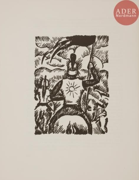 [LA FRESNAYE (Roger de)] - CLAUDEL (Paul).
Tête d’Or.
Paris : Louis Broder, [1950]. — In-4, 326 x 250 : 144 pp., (4 ff. 2 derniers blancs), couverture illustrée. En feuilles, couverture rempliée, chemise et étui de l’éditeur.

Édition tirée à 250 exemplaires sur vélin pur chiffon de Hollande, illustrée de 12 bois dessinés par Roger de LA FREYNAYE (1885-1925) et exécutés par Blaise Monod, dont 2 à pleine page et 10 dans le texte.
Un des 205 exemplaires numérotés de 16 à 220, très bien conservé malgré quelques défauts à la chemise et à l’étui. Il est enrichi du prospectus de parution contenant un texte de présentation de Jacques Madaule.