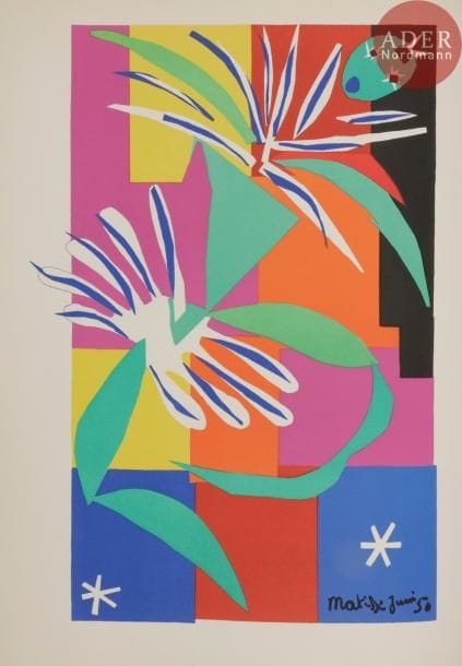 MATISSE (Henri).
Dernières œuvres de Matisse. 1950-1954. Verve n° 35-36.
Paris : Verve, [1958]. — In-folio, 358 x 265. Cartonnage illustré de l’éditeur.

Numéro double 35-36, formant le volume IX de la revue Verve, consacré aux dernières œuvres de Henri MATISSE (1869-1954). Il comprend 39 lithographies de l’artiste reproduisant les œuvres en papiers gouachés, découpés aux ciseaux et collés. Elles sont accompagnées de 38 dessins reproduits en héliogravure. Matisse a composé spécialement la couverture de cet ouvrage.
Exemplaire bien conservé malgré une légère déchirure à la charnière du premier plat. Manque les gardes blanches.