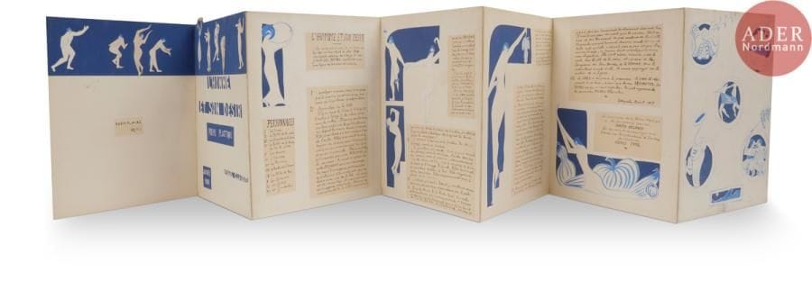 [PARR (Audrey)] - CLAUDEL (Paul).
L’Homme et son désir. Poème plastique.
[Paris : Nouvelle Revue Française, 1917]. — In-4, 295 x 241 : (14 ff.) en 7 volets montés en accordéon, sous chemise cartonnée bleue. Chemise à dos plat de maroquin bleu nuit et étui modernes.

Benoist-Mechin, Georges Blaizot, Bibliographie des œuvres de Paul Claudel, n° 26, pp. 72-73.
Édition originale très rare de l’argument composé par Paul Claudel du ballet L’Homme et son désir de Darius Milhaud.
Les 7 feuillets du recto comprennent le texte de Paul Claudel en manuscrit autographe écrit sur papier vélin teinté monté sur bristol. Il est décoré de dessins originaux découpés dans un papier vélin blanc et bleu et collés, réalisés par l’artiste anglaise Audrey PARR (1892-1940), amie de Claudel et de Milhaud et épouse d’un membre du consulat britannique. Le titre a été en partie découpé dans le feuillet blanc et en partie écrit en blanc au pinceau, le tout sur fond bleu. Le 7e feuillet comprend 5 dessins circulaires et un rectangulaire, découpés sur fond bleu.
Sur les 7 feuillets du verso se trouve la musique de Marius Milhaud ; les deux tiers inférieurs des 6 premiers feuillets sont occupés par les portées sur lesquelles ont été collées les notes découpées dans du papier noir. Le tiers supérieur comprend une large frise de papier bleu foncé sur laquelle sont collés des personnages (danseurs, choristes et musiciens) en papier noir, blanc et or, dont le dernier dépassant légèrement du bord. Deux personnages sont collés sur les portées. Le 7e feuillet est orné d’un grand dessin représentant 4 danseurs, découpé et collé sur un grand cercle bleu.
La chemise de papier bleu est doublée de papier or et blanc pour la première doublure et or et noir pour la seconde.
Le texte est daté « Pétropolis, Brésil, 1917 ». Il fut effectivement composé à cette date alors que Claudel était ministre de France à Rio, époque à laquelle il avait Darius Milhaud pour secrétaire. Pétropolis était 