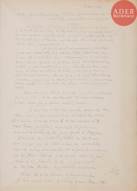 [PUY (Jean)] - VOLLARD (Ambroise).
Le Père Ubu à la Guerre.
Paris : Ambroise Vollard, 1923. — In-folio, 384 x 281 : (2 ff. premier blanc), 126 pp., (5 ff. dernier blanc), 8 planches, couverture illustrée. Broché, couverture rempliée.

Jolie édition abondamment illustrée, tirée à 375 exemplaires. Elle est ornée de 108 compositions du peintre, proche du fauvisme, Jean PUY (1876-1960), dont 100 dessins dans le texte et à pleine page reproduits sur zinc, une lithographie sur double page et 8 eaux-fortes originales hors texte.
Un des 315 exemplaires sur vélin d’Arches, comprenant un superbe et long envoi de l’artiste au docteur Lacroix, daté du 15 mars 1946. L’envoi occupe tout le premier feuillet blanc ; Puy y donne l’histoire de cette illustration : « Voilà, cher docteur Lacroix l’histoire de la naissance de cette illustration que Vollard m’avait pressé d’essayer. Un jour donc il vint me voir dans le courant de 1919. Il me trouve gribouillant des Père Ubu en forme de membre viril avec ses annexes. «Voilà, voilà, s’écrie-t’il enthousiaste, c’est tout à fait ça : le Père Ubu une saucisse et une paire de couilles cela va aller joyeusement» ! »
Exemplaire très bien conservé malgré de petites déchirures sans gravité aux charnières.