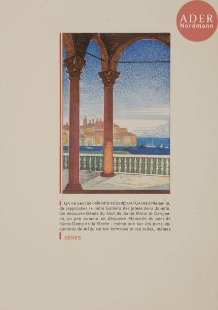 [SCHMIED (François Louis)] - MORAND (Paul).
Paysages méditerranéens.
Paris : [François-Louis Schmied], juin 1933. — In-8, 264 x 194 : 119 pp., (4 ff. dernier blanc), couverture imprimée. En feuilles, couverture rempliée, chemise et étui de l’éditeur.

Édition originale de cet ouvrage admirablement conçu par François-Louis SCHMIED (1873-1941), illustrée de 73 compositions dans le texte gravées sur bois avec l’assistance de Théo Schmied, dont 58 en couleurs, montrant merveilleusement les couleurs des paysages orientaux qui plaisaient tant à l’artiste.
Tirage à 110 exemplaires numérotés, signés par François-Louis Schmied.
Exemplaire parfaitement conservé. Quelques très rares piqûres sans gravité.