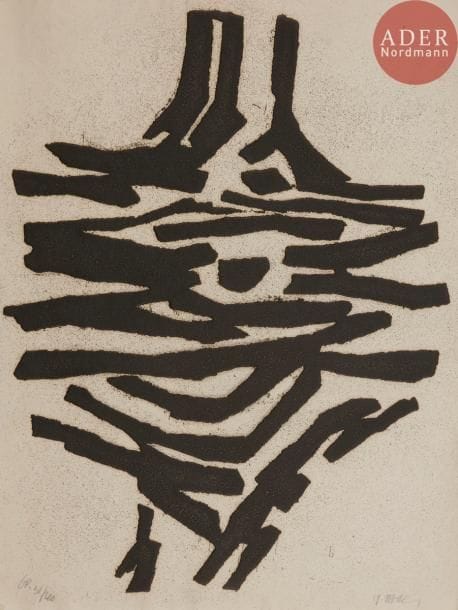 [UBAC (Raoul)] - FRÉNAUD (André).
Vieux pays suivi de Campagne.
Paris : Maeght, [1967]. — In-folio, 394 x 295 : (3 ff. 2 premiers blancs), 65 pp., (4 ff. dernier blanc), couverture illustrée. En feuilles, couverture rempliée, étui-boîte d’édition.

Édition originale de Vieux pays qui est suivi du poème Campagne extrait du recueil Il n’y a pas de paradis publié en 1962. Elle est illustrée de 13 compositions originales de Raoul UBAC (1910-1985), dont un ornement sur la couverture et 12 eaux-fortes tirées en noir à pleine page.
Tirage à 185 exemplaires sur papier d’Auvergne à la main du Moulin Richard-de-Bas, signés par l’auteur et l’artiste. Celui-ci est l’un des 25 enrichis de l’une des 40 suites de 5 gravures refusées, justifiées et signées par Ubac.
Exemplaire parfaitement conservé malgré des traces d’insolations sur l’étui.