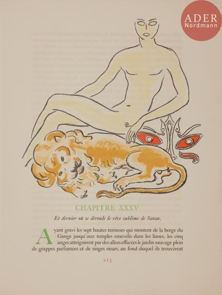 [VAN DONGEN (Kees)] - FRANCE (Anatole).
La Révolte des anges.
Paris : Scripta et Picta, 1951. — In-4, 364 x 277 : (1 f. blanc), 220 pp., (5 ff. dernier blanc), couverture illustrée. En feuilles, sous chemise et étui de l’éditeur.

Superbe édition établie par le docteur A. Roudinesco, tirée à 225 exemplaires sur vélin de Lana plus quelques exemplaires nominatifs, illustrée de 58 lithographies originales en couleurs du peintre Kees VAN DONGEN (1877-1968).
Un des 210 exemplaires numérotés en chiffres arabes, parfaitement conservé. Quelques défauts d’usage à l’étui.