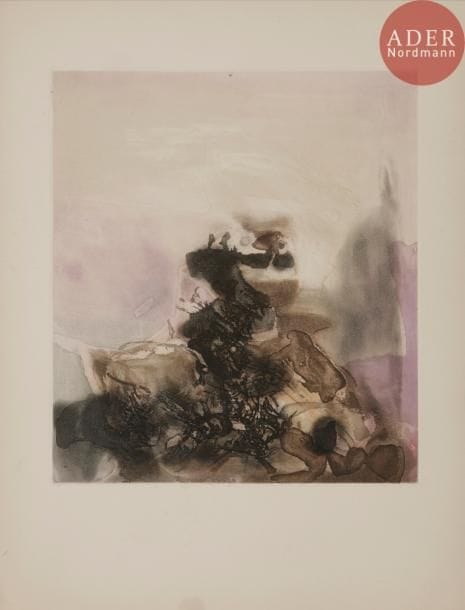 [WOU-KI (Zao)] - LESCURE (Jean).
L’Étang.
S.l. : Galanis, [1971]. — In-folio, 380 x 289 : 42 pp., (4 ff. 3 derniers blancs), couverture imprimée. En feuilles, couverture rempliée, chemise et étui de l’éditeur.

Édition originale de ce poème de Jean Lescure, illustrée de 8 eaux-fortes originales de Zao WOU-KI (1920-2013), dont un en-tête, un cul-de-lampe et 6 compositions à pleine page.
Tirage à 133 exemplaires signés par l’auteur et l’artiste. Un des 114 sur papier d’Auvergne et plus spécialement l’un des 80 sur ce papier numérotés de 40 à 119.
Importantes et larges mouillures sur la chemise et l’étui ainsi que sur le bas de plusieurs feuillets. Pages 9 à 11 tachées.