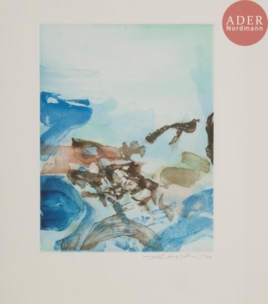 [WOU-KI (Zao)] - CAILLOIS (Roger).
Randonnées.
[Paris] : Yves Rivière, [1974]. — In-4, 327 x 250 : 38 pp., (3 ff.), couverture muette. En feuilles, couverture rempliée, chemise et étui de l’éditeur.

Belle édition illustrée de 5 eaux-fortes originales en couleurs à pleine page de Zao WOU-KI (1920-2013).
Tirage à 125 exemplaires sur papier vélin de Rives signés par l’auteur et l’artiste lequel a également signé l’eau-forte du frontispice.
Un des 71 numérotés de 15 à 85, parfaitement conservé si ce n’est quelques usures à l’étui.