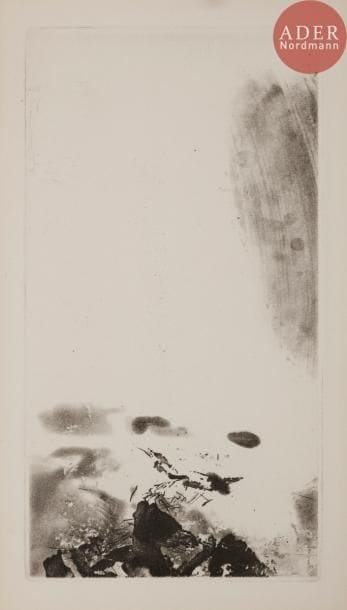 [WOU-KI (Zao)] - LAUDE (Jean).
En attendant un jour de fête.
[Montpellier] : Fata Morgana, [1974]. — In-8, 210 x 120 : 59 pp., (2 ff. dernier blanc), couverture imprimée. En feuilles, couverture rempliée.

Édition originale tirée à 550 exemplaires.
Un des 50 premiers exemplaires sur vélin d’Arches, comportant une eau-forte originale de Zao WOU-KI (1920-2013), signés par l’auteur et le peintre.
Quelques petites salissures marginales à la couverture.