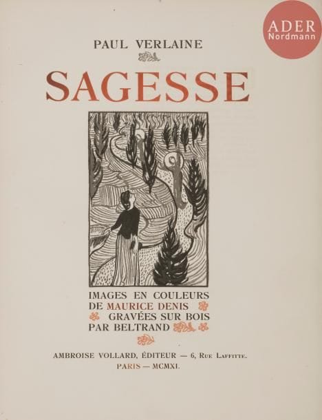 [DENIS (Maurice)] - VERLAINE (Paul).
Sagesse.
Paris : Ambroise Vollard, 1911. — In-4, 285 x 227 : (4 ff.), 100 pp., (2 ff. premier blanc), couverture imprimée. Maroquin rouge, double filet à froid surmontant deux bandes parallèles dorées et au palladium sur le bas des plats et du dos, plaque émaillée peinte représentant le Christ en croix sur le premier plat, dos lisse, doublures de box vert bordé d’un filet doré, gardes de soie moirée bordeaux, non rogné, étui (Gonin).

Édition tirée à 250 exemplaires, très joliment illustrée de plus de 70 compositions en noir et en couleurs, dont de nombreux ornements, de Maurice DENIS (1970-1943), gravés sur bois par Jacques Beltrand.
C’est en 1889, du vivant de l’auteur, que Maurice Denis entreprit d’illustrer ces poèmes. Encore tout jeune, il eut l’occasion de montrer ses dessins à Verlaine qui ne se résolut pas à les publier. Maurice Denis les reprit en 1910, les coloria et les confia à Jacques Beltrand qui les grava sur bois. L’ouvrage sera enfin imprimé le 30 août de cette même année. Le titre porte la date de 1911.
Un des 210 exemplaires sur Hollande Van Gelder, superbement relié par Gonin.
Infimes craquelures à la charnière du premier plat.