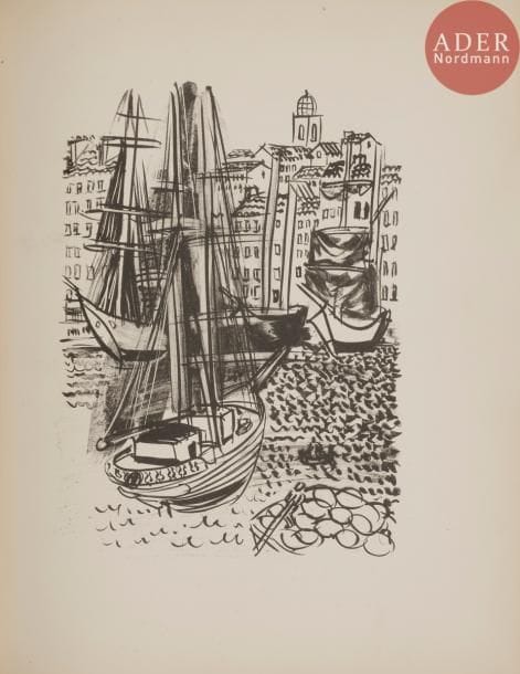 [DUFY (Raoul)] - APOLLINAIRE (Guillaume).
Le Poète assassiné.
Paris : Au Sans pareil, 1926. — In-4, 282 x 223 : (2 ff.), 147 pp., (1 f.), 18 planches, couverture imprimée. Demi-maroquin rouge à coins, dos à nerfs orné de motifs dorés et mosaïqués de maroquin noir et marron dans le style art déco, tête dorée, non rogné, couverture conservée (René Kieffer).

Édition publiée à l’occasion du 8e anniversaire de la mort de Guillaume Apollinaire, formant le 3e volume de la « Grande collection ». Elle est illustrée de 36 lithographies originales de Raoul DUFY (1877-1953), dont 18 bandeaux et 18 hors-textes.
Tirage à 470 exemplaires. Un des 380 sur vélin Montgolfier d’Annonay, très bien relié par René Kieffer dans le plus pur style art déco. La couverture n’est pas illustrée.
Un coin émoussé et quelques minimes frottements d’usage.