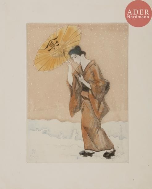 [FOUJITA (Léonard)] - LOTI (Pierre).
La Troisième jeunesse de madame Prune.
Paris : Éditions d’art Devambez, 1926. — In-4, 284 x 229 : frontispice, (4 ff. premier blanc), 175 pp., (2 ff. dernier blanc), 10 planches, couverture imprimée. En feuilles, couverture rempliée, étui.

Première édition illustrée, ornée de 17 eaux-fortes originales en couleurs, gravées par Léonard FOUJITA (1886-1968) dont une en frontispice et 10 hors texte.
Tirage à 457 exemplaires. Un des 75 sur papier de Hollande Van Gelder, contenant deux états des eaux-fortes.
Exemplaire très bien conservé malgré les plats de la couverture brunis, comme presque toujours, et de discrètes et habiles restaurations au dos de la couverture.