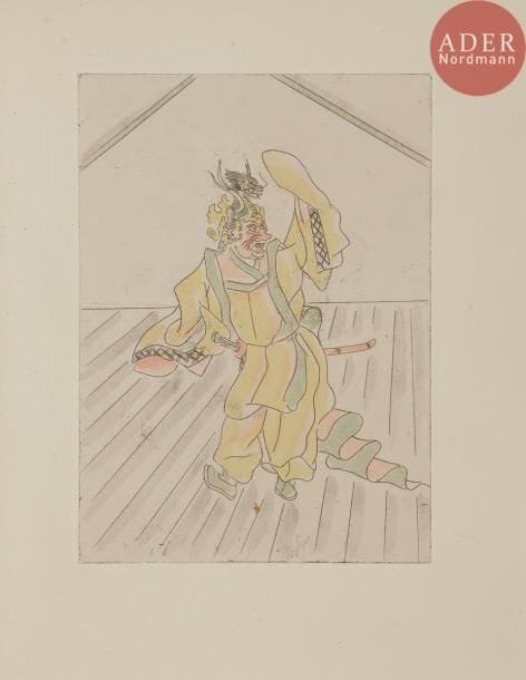 [FOUJITA (Léonard)] - CLAUDEL (Paul).
L’Oiseau Noir Dans le Soleil Levant.
Paris : Excelsior, 1927. — In-8, 246 x 195 : frontispice, (4 ff. premier blanc), 145 pp., (3 ff. dernier blanc), 12 planches, couverture illustrée. Broché, couverture rempliée.

Édition originale de ce recueil composé par Claudel à l’occasion de son second séjour en Extrême-Orient de 1921 à 1927. L’auteur le considérait comme un complément à Connaissance de l’Est.
L’ouvrage est illustré en premier tirage de 23 compositions de Léonard FOUJITA (1886-1968), dont une orange et noir sur la couverture, 10 dessins en noir dans le texte et 12 eaux-fortes originales en couleurs hors texte. Il comprend également le dernier chapitre présenté sous la forme d’un grand tableau dépliant.
Tirage à 545 exemplaires. Un des 425 sur vergé d’Arches.
Déchirures au dos.