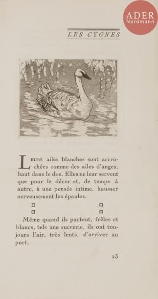 [FOUJITA (Léonard)] - CHAUMET (Henri).
Bêtes & Cie. 
Paris : Kra, [1928]. — In-12 allongé, 189 x 102 : (2 ff.), 71 pp., (2 ff.), couverture imprimée. Broché, couverture rempliée.

Édition originale de ce plaisant abécédaire de Henri Chaumet, illustré de 25 eaux-fortes originales de Léonard FOUJITA (1886-1968) en tête de page.
Tirage à 350 exemplaires. Un des 330 sur vélin d’Arches.
Dos en partie décollé, petites déchirures aux extrémités du dos. Quatre derniers feuillets en partie débrochés.