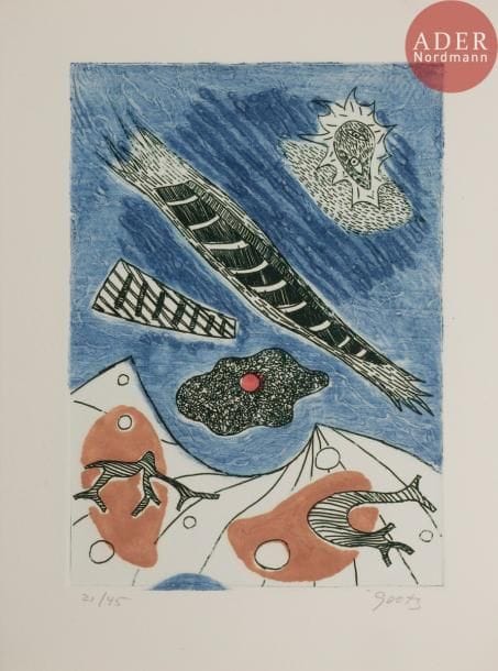 [GOETZ (Henri)] - CAIL (Nadine).
Envol de l’arbre amer.
[Lagrasse] : Verdier, [1985]. — In-8, 249 x 190 : frontispice, (1 f. blanc), 41 pp., (2 ff.), 1 planche, couverture imprimée. Broché, couverture rempliée.

Édition originale de ce recueil de poèmes de Nadine Cail.
Un des 55 exemplaires sur vélin de Hollande Van Gelder signés par l’auteur, seul tirage sur grand papier, comportant 2 gravures originales hors texte du peintre et graveur Henri GŒTZ (1909-1989), dont une en couleurs, numérotées et signées par l’artiste.
Exemplaire parfaitement conservé, presqu’entièrement non coupé.