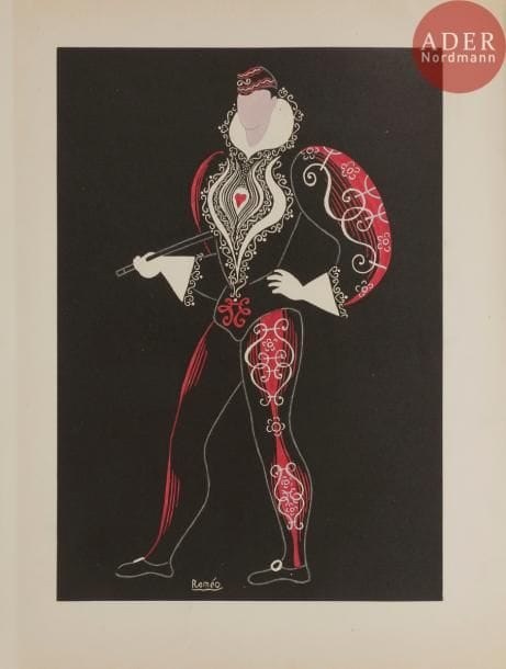 [HUGO (Jean)] - COCTEAU (Jean).
Roméo et Juliette. Prétexte à mise en scène par Jean Cocteau, d’après le drame de William Shakespeare. Décors et costumes de Jean Hugo.
Paris : Au sans pareil, 1926. — In-4, 330 x 260 : frontispice, (5 ff. 2 premiers blancs), 100 pp., (2 ff.), 12 planches, couverture imprimée. Broché, couverture rempliée, sous chemise cartonnée et illustrée de l’éditeur.

Édition originale tirée à 432 exemplaires, de cette pièce en 5 actes et 23 tableaux composée par Jean Cocteau d’après William Shakespeare. Elle fut représentée pour la première fois aux Soirées de Paris organisées sous la direction du Comte Étienne de Beaumont, le lundi 2 juin 1924 au théâtre de la Cigale.
L’édition est illustrée de 21 gravures originales de Jean HUGO (1894-1984), auteur des décors et des costumes de la pièce, dont 13 hors texte. À l’exception de la figure sur le titre, toutes les compositions ont été coloriées à la main sous la surveillance de l’artiste.
Un des 30 exemplaires sur vergé blanc de Hollande enrichis d’une suite en noir des illustrations sur japon.
Dos de la chemise refait et rapporté. Très petites déchirures à la couverture.