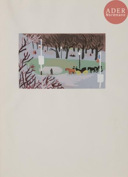 [HUGO (Jean)] - ÉLUARD (Paul).
En avril 1944: Paris respirait encore !
Paris : Éditions de la Galerie Charpentier, [1945]. — In-4, 292 x 215 : (10 ff.), couverture imprimée. En feuilles, couverture rempliée.

Édition originale à tirage limité, de ce poème de Paul Éluard illustrant 7 gouaches de Jean HUGO (1894-1984) reproduites en tête de page et rehaussées au pochoir. Le texte est imprimé en fac-similé de l’écriture d’Éluard.
Un des 948 exemplaires sur vélin pur fil, celui-ci enrichi d’une gouache originale de l’artiste.
Exemplaire parfaitement conservé.