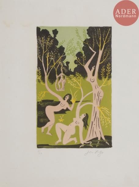[HUGO (Jean)] - SCÈVE (Maurice).
Saulsaye. Églogue de la vie solitaire.
Paris : Nouveau cercle parisien du livre, 1971. — In-4, 325 x 251 : 54 pp., (3 ff. dernier blanc), couverture imprimée. En feuilles, couverture rempliée, chemise et étui d’édition.

Édition tirée à 180 exemplaires sur papier vélin d’Arches pur chiffon à la forme, signés par l’artiste, illustrée de 26 lithographies originales en couleurs de Jean HUGO (1894-1984) dont une en frontispice et 25 dans le texte.
Exemplaire enrichi de l’une des 20 suites des lithographies en couleurs sur japon Hosho, celle-ci est numérotée 1