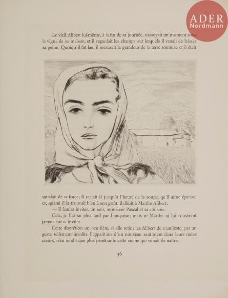 [JACQUEMIN (André)] - BOSCO (Henri).
Le Mas Théotime.
Paris : Société des Francs-bibliophiles, 1948. — In-4, 229 x 250 : (4 ff. premier blanc), 344 pp., (4 ff. 2 derniers blancs), couverture imprimée. En feuilles, couverture rempliée, chemise et étui de l’éditeur.

Édition tirée à 160 exemplaires sur vélin pur chiffon du Marais, illustrée de 73 pointes sèches originales d’André JACQUEMIN (1904-1992), dont une sur le titre.
Exemplaire spécialement imprimé pour Étienne Perrigot, enrichi d’un dessin original à la mine de plomb de Jacquemin.
Coup sur le bord de l’étui sinon exemplaire parfaitement conservé.
