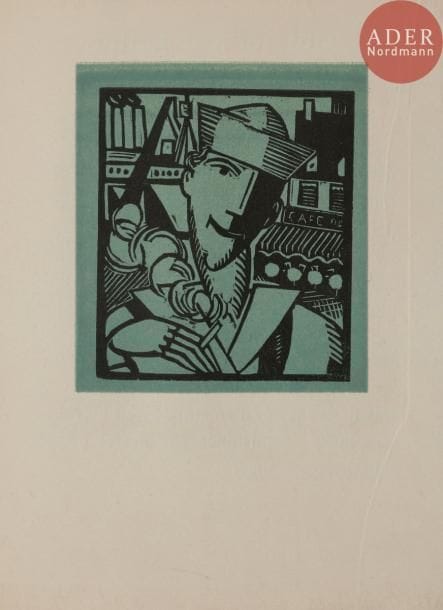 LABOUREUR (Jean-Émile).
Types de l’armée américaine en France. Suite de dix images taillées sur bois par S. E. L. Texte de A. S. C.
Paris : La Belle édition, [1918]. — Plaquette in-12, 164 x 209 : (12 ff.), couverture illustrée. Broché.

Sylvain Laboureur, Catalogue complet de l’œuvre de Jean-Émile Laboureur, II, pp. 318 à 322, n° 714.
Édition originale de cette plaquette éditée par François Bernouard, tirée à 1051 exemplaires. Elle parut à l’occasion de l’arrivée à Paris du président des États-Unis Woodrow Wilson.
Composée par Jean-Émile LABOUREUR (1877-1943), elle comporte 10 gravures sur bois originales sur fond de couleur, dont un bandeau sur la couverture, représentant l’arrivée du transport de troupes, et 9 portraits à pleine page.
Précieux exemplaire, un des 25 premiers sur papier japon.
Quelques traces de pliures et de légères salissures à la couverture, sans gravité. 