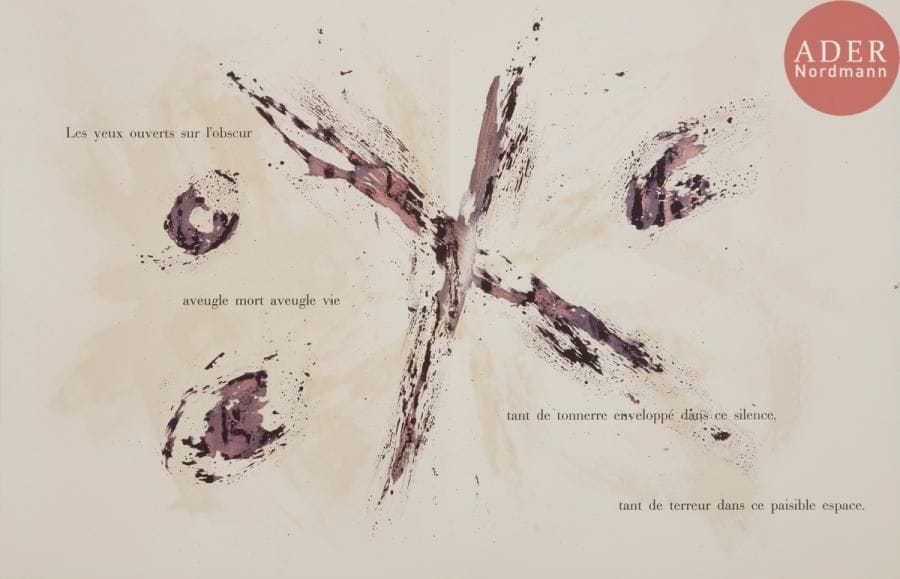 [BAZAINE (Jean)] - TARDIEU (Jean).
L’Ombre la branche.
Paris : Maeght, [1977]. — In-folio, 411 x 317 : (36 ff. 2 premiers et 2 derniers blancs), couverture imprimée. En feuilles, couverture rempliée, étui-boîte illustré de l’éditeur.

Édition originale illustrée de 15 lithographies originales en couleurs de Jean BAZAINE (1904-2001), dont 2 à pleine page. Une composition de l’artiste orne également le premier plat de l’emboîtage.
Tirage à 170 exemplaires sur vélin de Rives, plus quelques exemplaires nominatifs sur le même papier, signés par l’auteur et l’artiste. Un des 100 numérotés de 51 à 150.
Exemplaire parfaitement conservé.