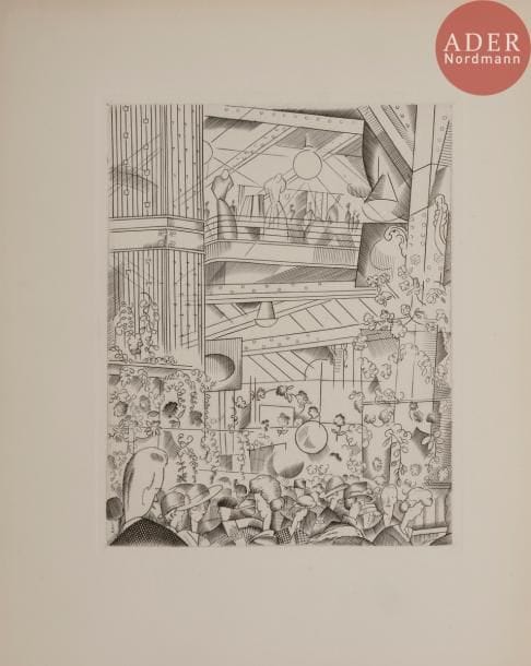 [LABOUREUR (Jean-Émile)] - VALMY-BAYSSE (Jean).
Tableau des Grand magasins.
Paris : Nouvelle Revue Française, [1925]. — In-8, 241 x 197 : 170 pp., (2 ff. dernier blanc), couverture imprimée. Broché, couverture rempliée.

Sylvain Laboureur, Catalogue complet de l’œuvre de Jean-Émile Laboureur, II, pp. 48 à 52, n° 220.
Bel ouvrage formant le 5e volume de la collection des Tableaux contemporains, illustré de 12 compositions dessinées et gravées par Jean-Émile LABOUREUR (1877-1943), dont une en frontispice, 6 en en-tête et 5 à pleine page.
Tirage à 335 exemplaires. Un des 315 sur vélin pur fil Lafuma-Navarre.
Dos cassé.
